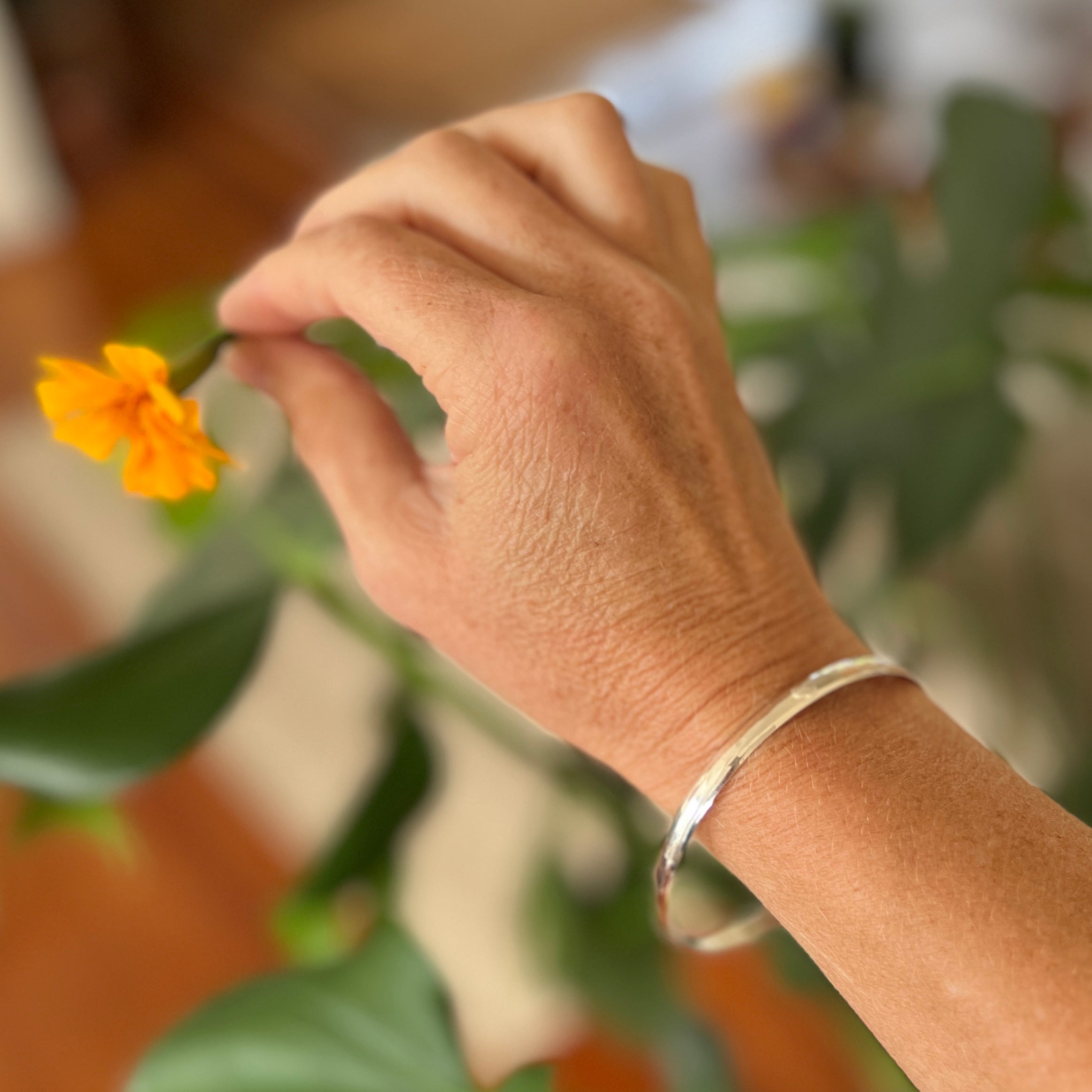 Bangle, 5mm wide, Hammered Sterling Silver