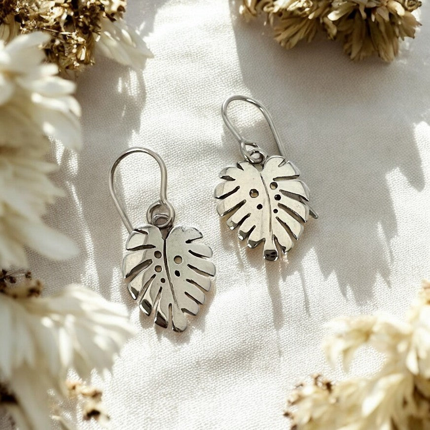 Monstera Leaf Earrings, Sterling Silver